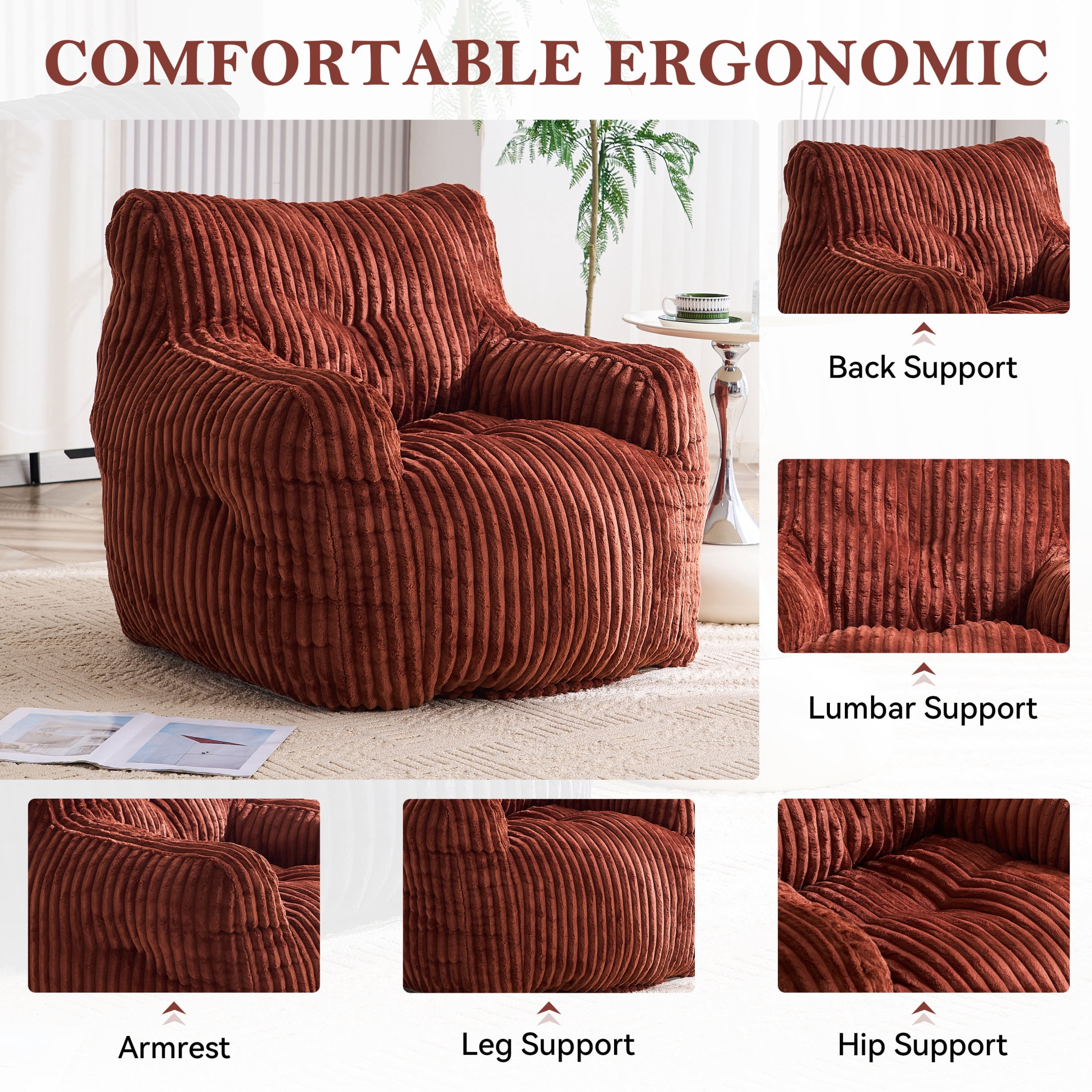 Noble House Solley 39" Fluffy Corduroy Bean Bag Chair, Memory Sponge Floor Lounger Accent Seat for Living Room, Red