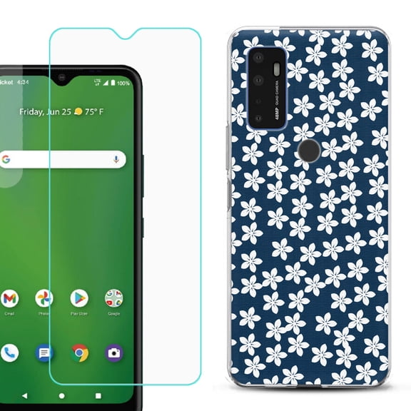 Slim-Fit Gel TPU Phone Case for Cricket Dream 5G, with Tempered Glass Screen Protector, by OneToughShield ® - Flower/Blue