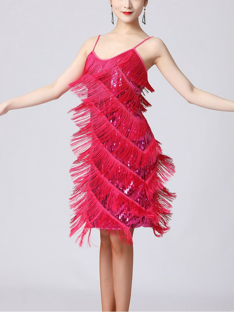 hot pink flapper dress Kaerm Women's 1920s Flapper Dress Spaghetti Straps Sequin Fringe Latin  Dance Dress Party Dancewear Hot Pink XXL