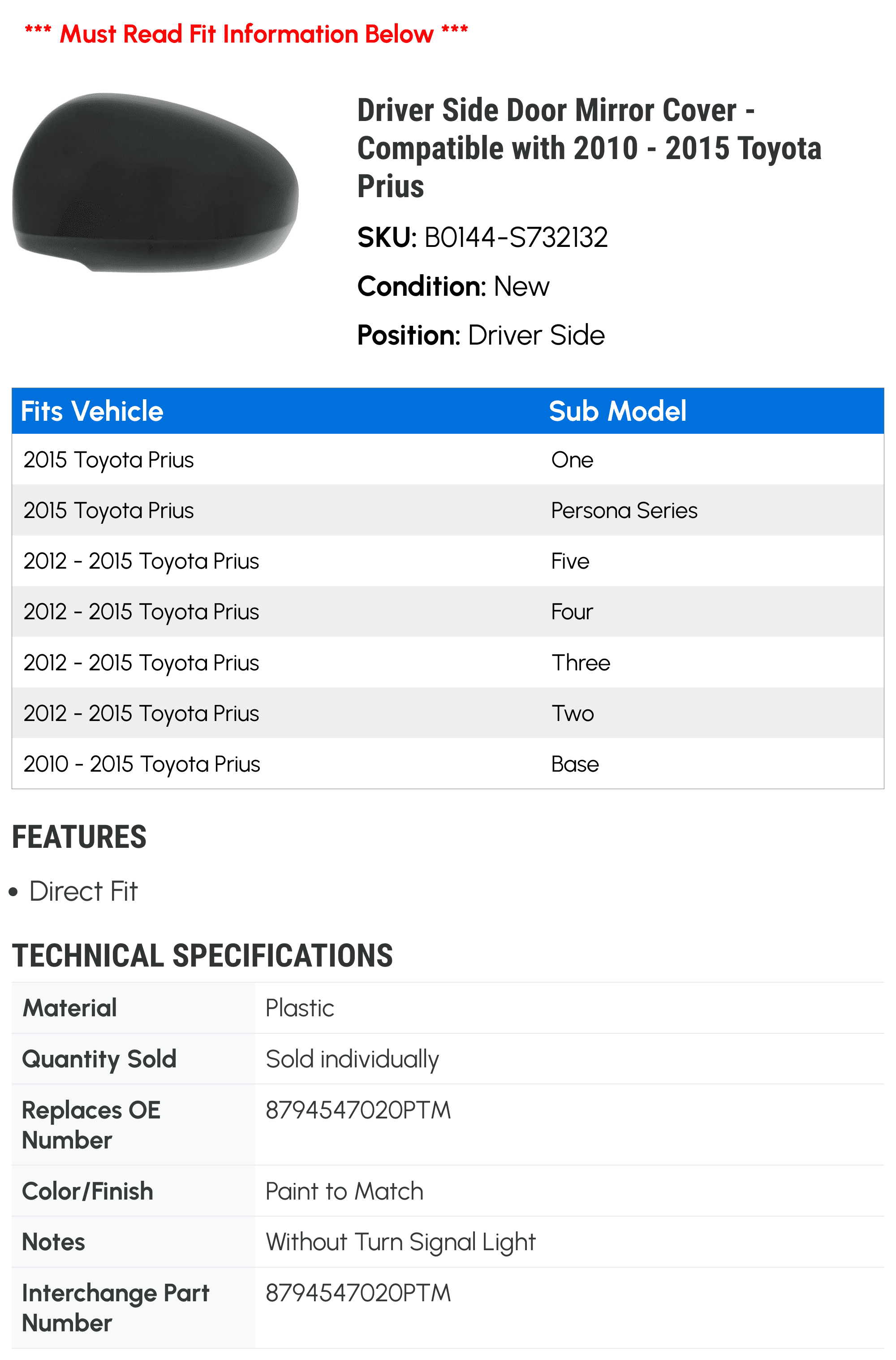 Driver Side Door Mirror Cover - Compatible with 2010 - 2015 Toyota Prius 2011 2012 2013 2014