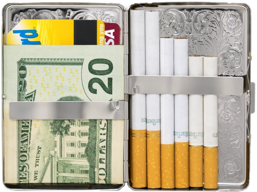 Set of 2 Metal-Plated 100s Compact Cigarette Case & Stash Box (Silver Victorian Scroll)