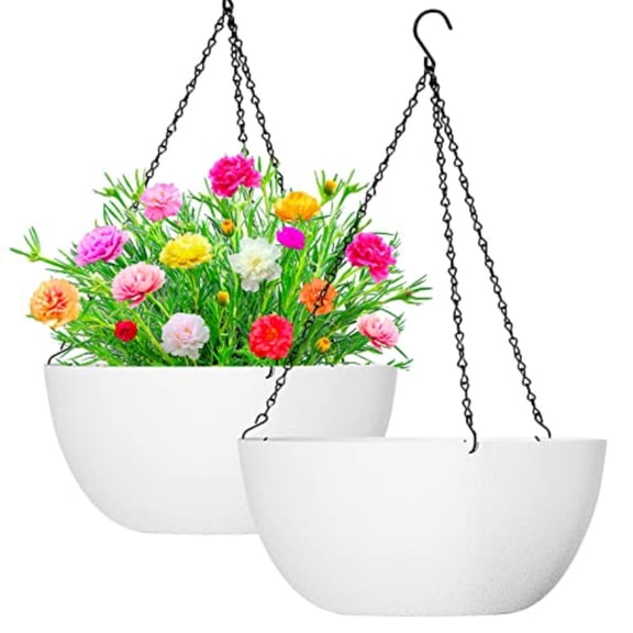 13 inch 2Pack Large Hanging Planters for Outdoor Indoor Plants with Drainage Holes and Chain Round Hanging Flower Pots for Garden Home Porch Decor White