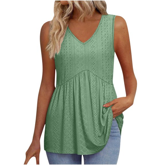 Staron Women's Peplum Tops Flowy V Neck Sleeveless Casual Blouse Elegant Loose Fit Tank Top, Green L
