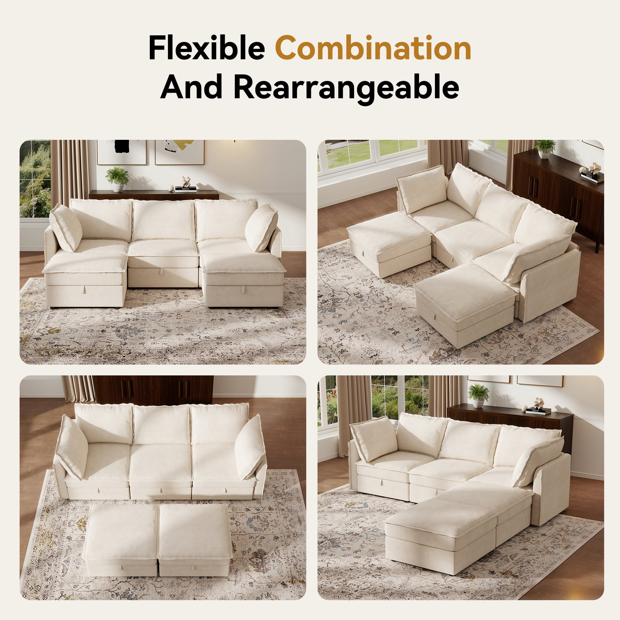 BedLuxury 97" Modular Sectional Sofa with Storage, U-Shaped Modern Sofa Couch with Movable Ottomans for Living Room, Office, Beige