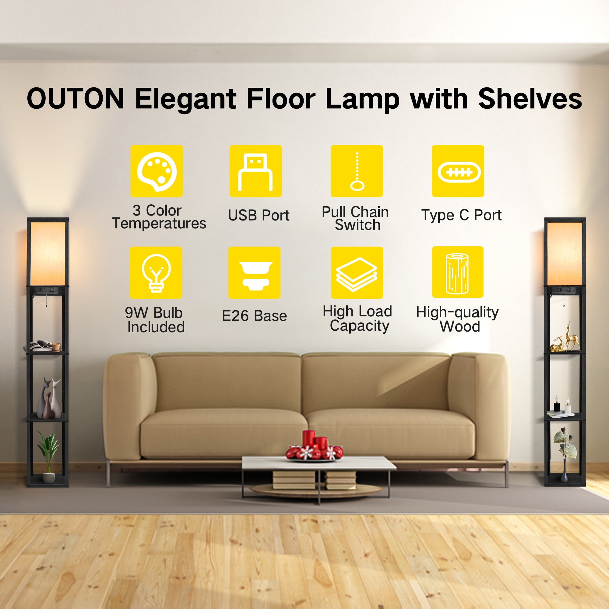 OUTON Floor Lamp with Shelves, Standing Lamp with USB & Type C & Power Outlet, 3 Color Temperature with Linenshade for Living Room, Bedroom, Black