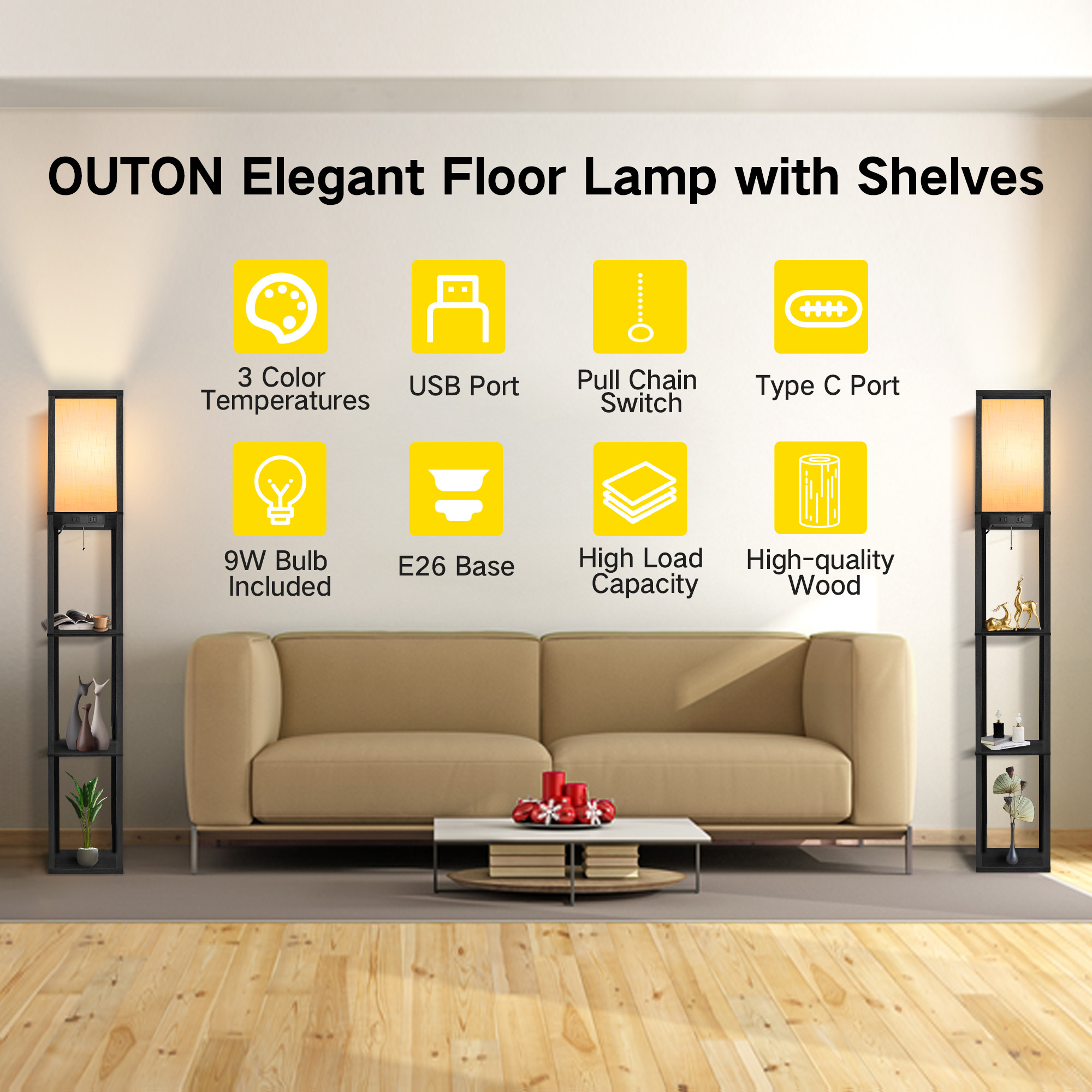 Outon 63.7" Floor Lamp with 4-Tier Shelves and USB Charging photo 3