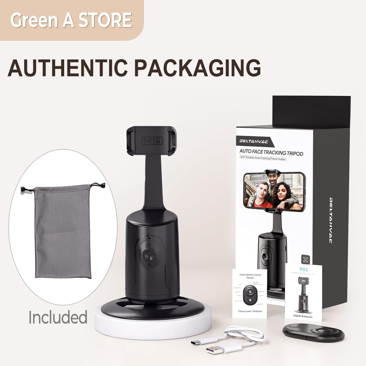 PINHEN Auto Face Tracking Tripod, 360° Rotation Auto Tracking Phone Holder, No App, Phone Camera Mount with Remote and Gesture Control, Rechargeable Smart Shooting Holder for Video Recording, Tiktok