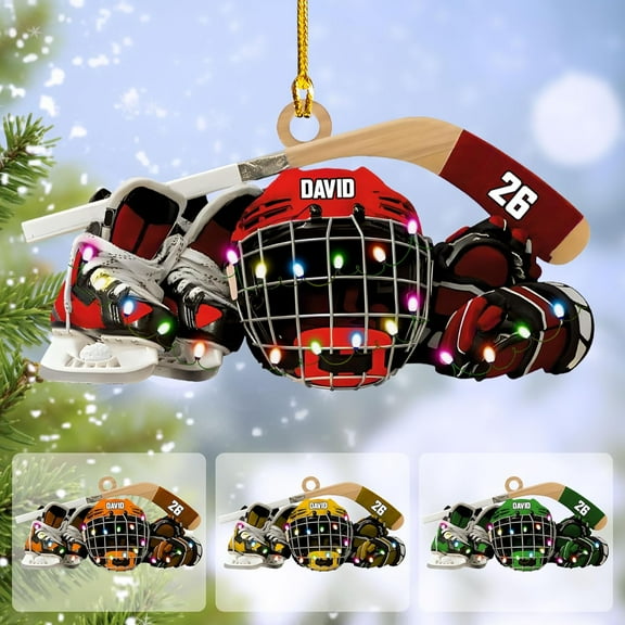 HomeDesign Personalized Hockey Christmas Ornament, Hockey Skates Helmet and Stick, Hockey Player Ornament, Hockey Ornaments, Gift for Hockey Lovers Hockey Ornament Christmas Decor (H8) (Red)