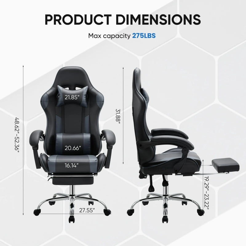 Kelno Ergonomic Gaming Chair with Headrest Pillow Lumbar Support Cushion PU Leather Swivel Recliner, Black Grey