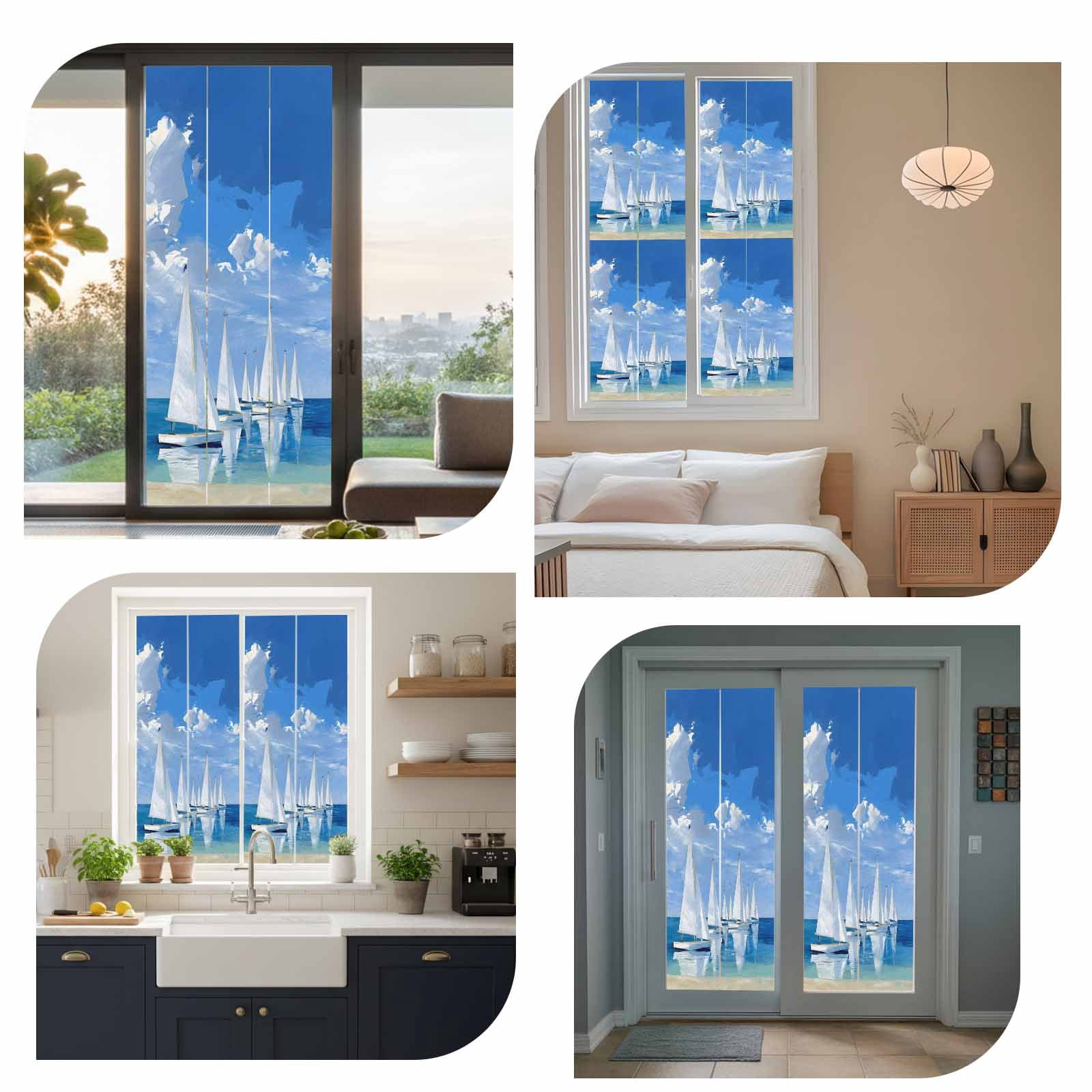 Summer Theme Window Privacy Film, Oil Painting Blue Oceans Sailboats Cloud Sky Frosted Glass Window Clings Static Cling UV Heat Blocking Reusable Door Sticker for Bathroom 23.6 x 59 Inch