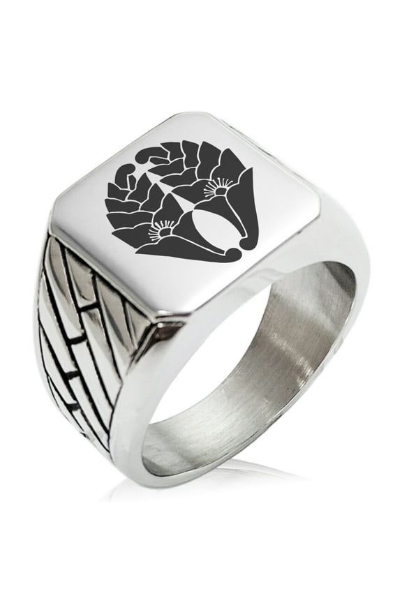 Stainless Steel Nabeshima Samurai Crest Geometric Pattern Biker Style Polished Ring
