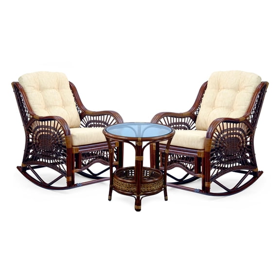Malibu Handmade Natural Rattan Living Room Set of Round Coffee Table with glass and 2 Rocking Lounge Chairs with Cream Cushions, Dark Brown Color