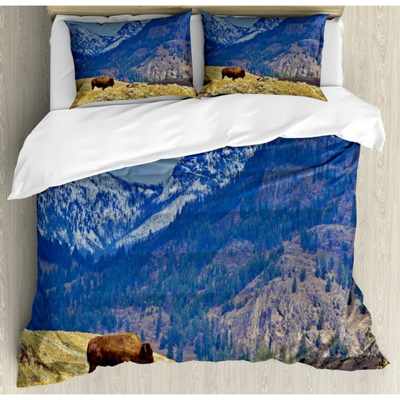 Wyoming Duvet Cover Set King Size, Panoramic Landscape with Lonely Bison and Snowy Mountains at Grand Loop Yellowstone, 3 Piece Bedding Set with 2 Pillow Shams, Multicolor, by Ambesonne
