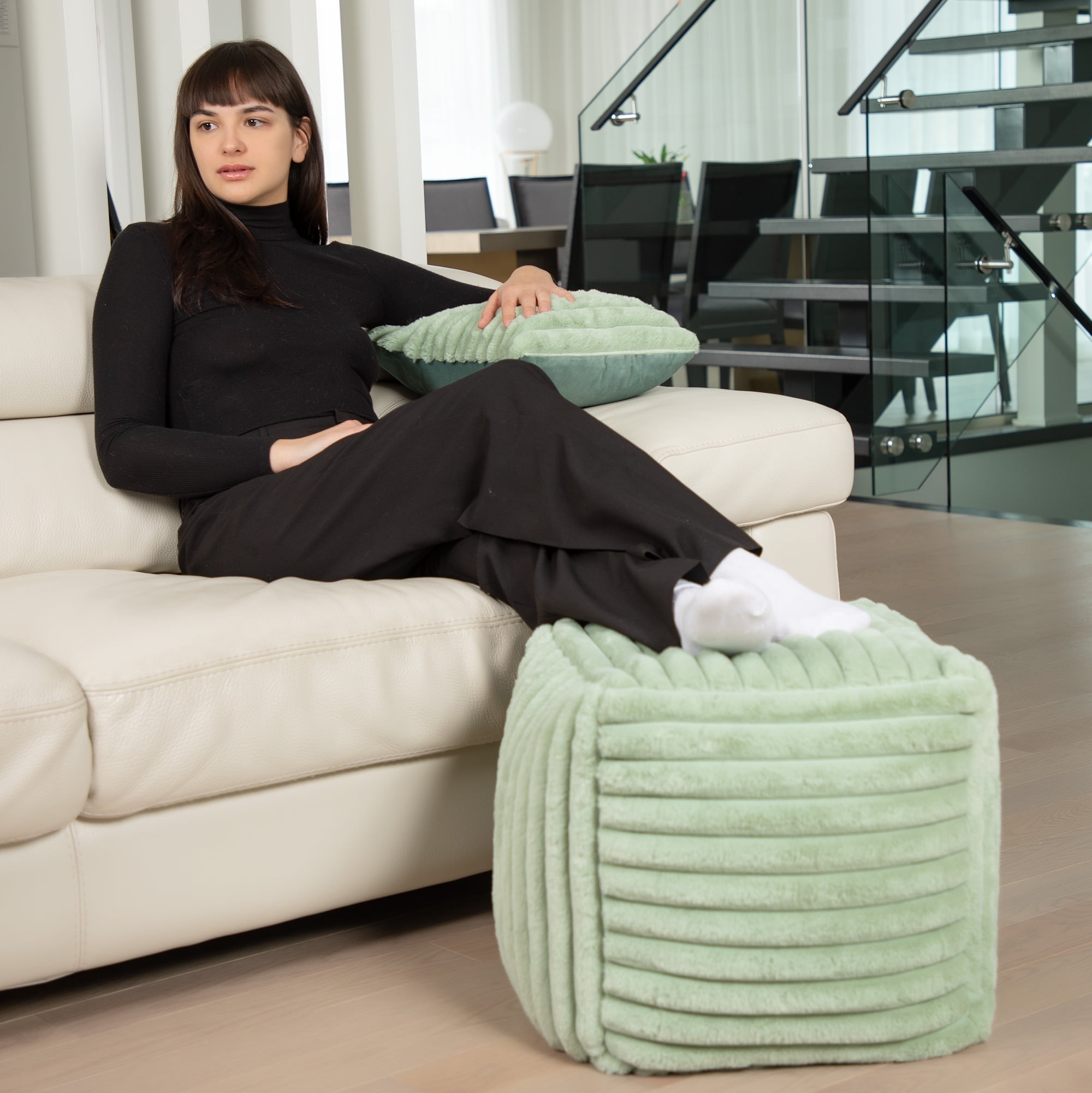 Gouchee Home Raya Cube Pouf Ottoman or Footrest, Sage, 16" x 16" x 16", Faux Fur Cover, Polystyrene Bead Filling