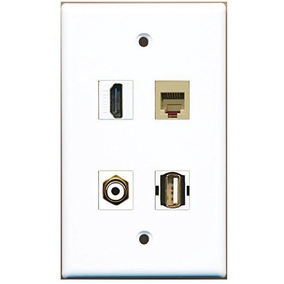 RiteAV - 1 Port HDMI 1 Port RCA White 1 Port USB A-A 1 Port Phone RJ11 RJ12 Beige Wall Plate