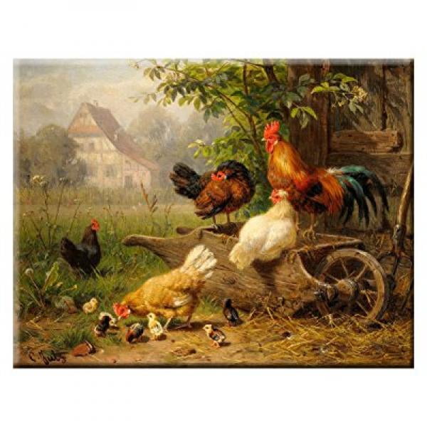 Boy Riding Chicken with Little Chicks Picture on Stretched Canvas Wall Art Deco