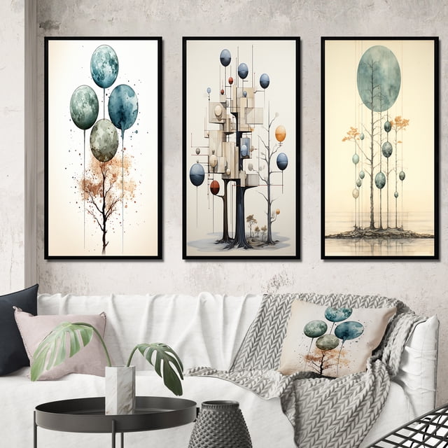 Designart "Vintage Illustration Geometric Tree of Wisdom III" Modern Geometric Framed Wall Art Set Of 3 - Blue Abstract Frame Canvas Set For Living Room Decor