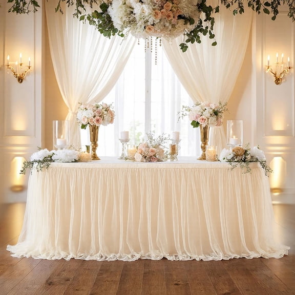6ft Champagne Tulle Table Cloth Tutu Table Skirt Tulle Desk Skirt Tablecloth Ruffle Wrinkle Stretch Decorations Rectangle Tables with Adhesive Tape
