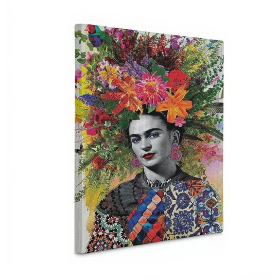 Frida Kahlo: Flower-Crowned Framed Canvas Print Portrait Woven from the Veins of Pain — Mexican Folk Vivid Hues and the Surrealism of Life 24x20in