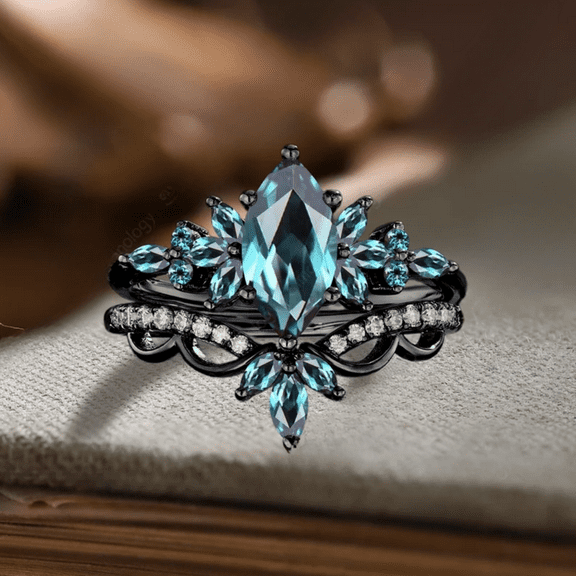 Unique Marquise Cut Alexandrite Engagement Ring in 14K Black Gold Vermeil- Leaf Floral Bridal Set Cluster Diamond Curved Wedding Band
