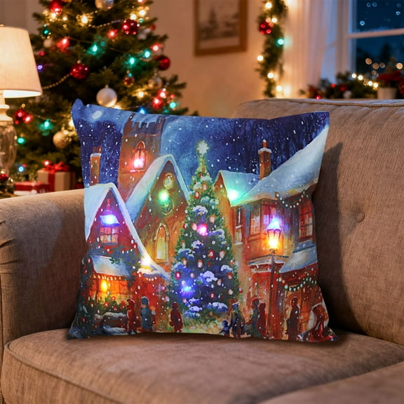 LED Christmas Pillow, Light-Up Holiday Decoration with Dual Mode Lighting, 45x45cm Soft Short Plush Printed Pillow for Sofa and Home