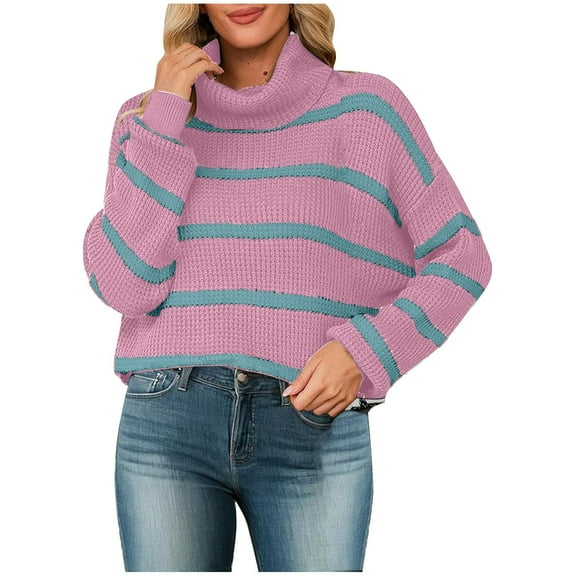 Women's Casual Long Sleeve Turtleneck Sweater Striped Knit Pullover Loose Comfortable Winter Top