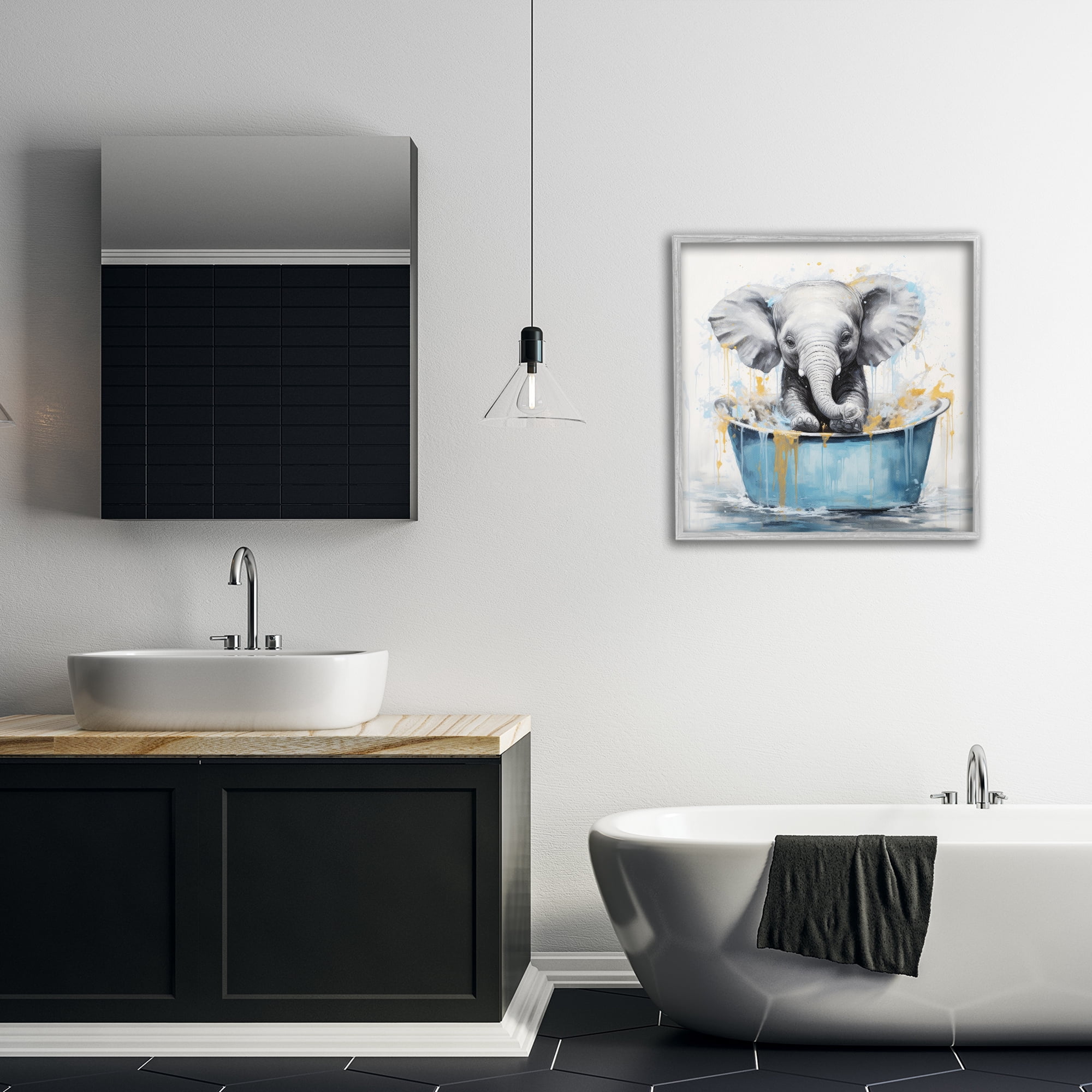 Stupell Industries Bathing Baby Elephant Typography Painting Gray Framed Art Print Wall Art, 24 x 24
