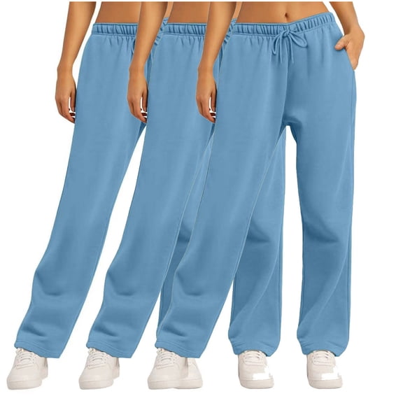 Bcresic 3 Pack Fleece Loose Sweatpant for Women Trendy Straight Wide Leg Pants with Pockets Lounge Sweatpants Casual Solid Color Lounge Trousers,Light Blue,Large