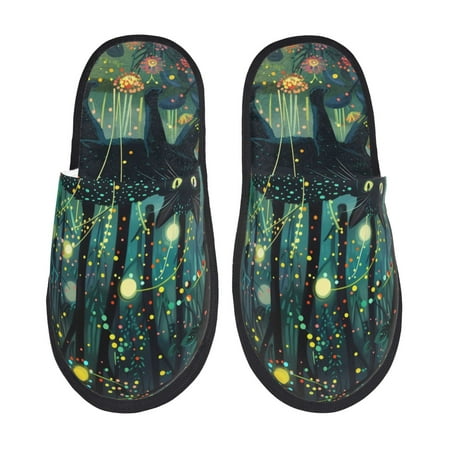 Balery Mystical Black Cat Fireflies Slient Indoor Furry Fleece Comfort House Shoes Soft Non-Slip Home Shoes Cotton slippers House Slippers-- Large