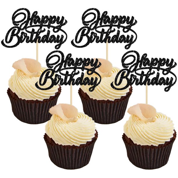 Topper para cupcakes Ephlyn 24 piezas Happy Birthday con brillo negro