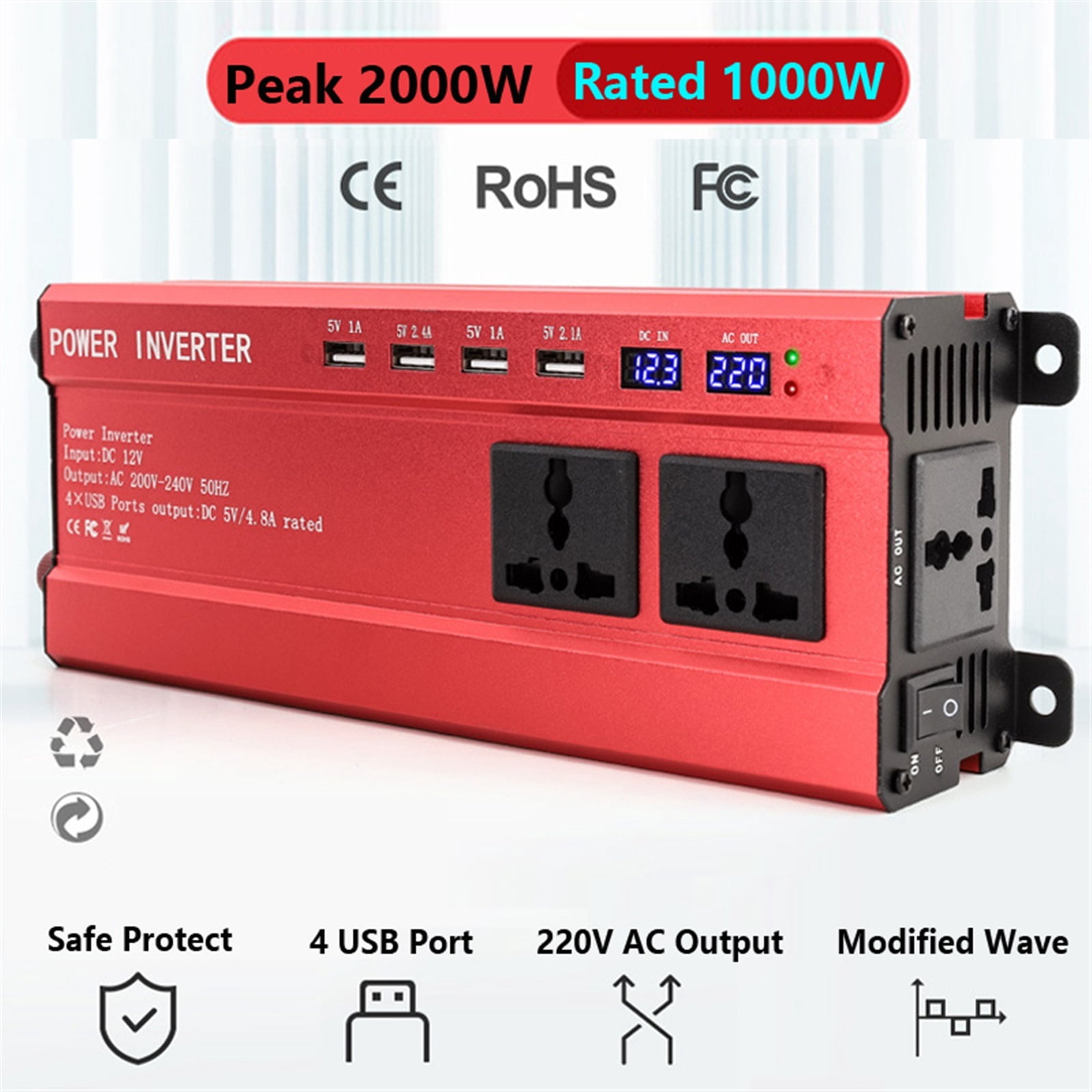 2000W 1200W Screen Display Inverter 12V to 220 Transformer 3 Socket 4 USB Car Converter Inversor Auto Adapter