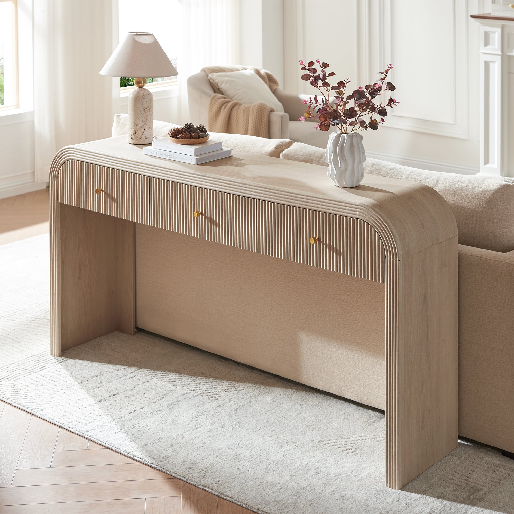 KeyWhat 63" Modern Fluted Console Table with 3 Drawers, Curved Edges & Anti-Tip Safety Kit