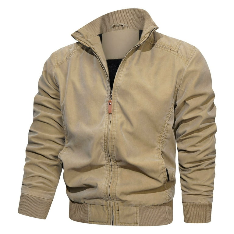 LEEy-world Leather Jacket Men Men's Lightweight Jackets Casual LayCollar  Jacket Front-Zip Golf Jacket Work Coat Windbreaker with Zip Pockets  Khaki,XXL