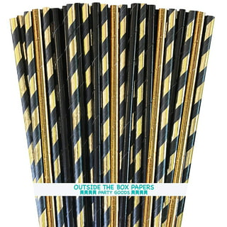 Fiesta First 10 Short Reusable Transparent Hard Plastic Drinking Straws, Chevron Gold & Silver Print Design + Sturdy Cleaning Brush - for Cocktails