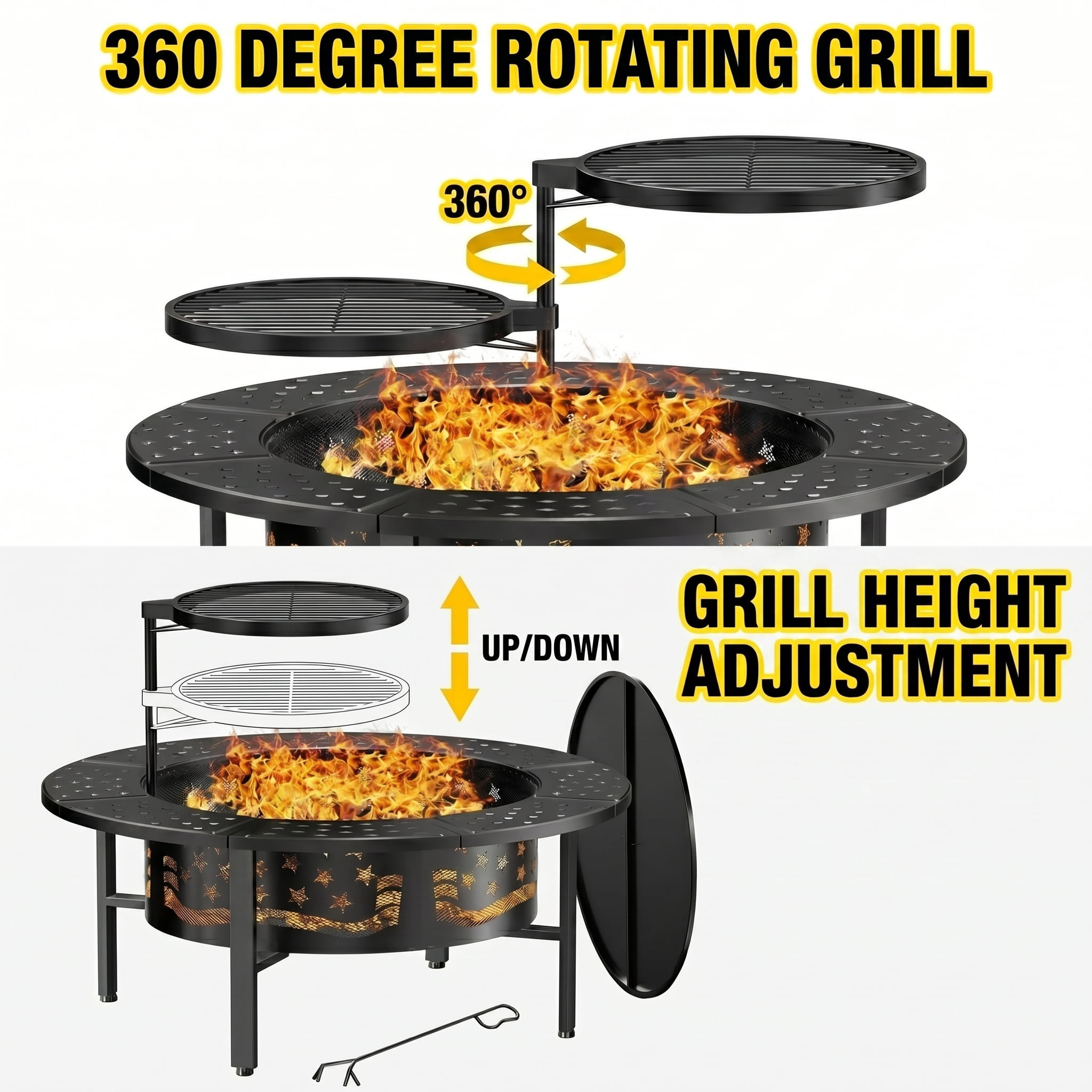 TrumanPick Fire Pit for Outside 42" Wood Burning Fire Pit Tables with 2 Adjustable Swivel BBQ Grills, Lid, Poker for Patio Backyard BBQ Ice Storage