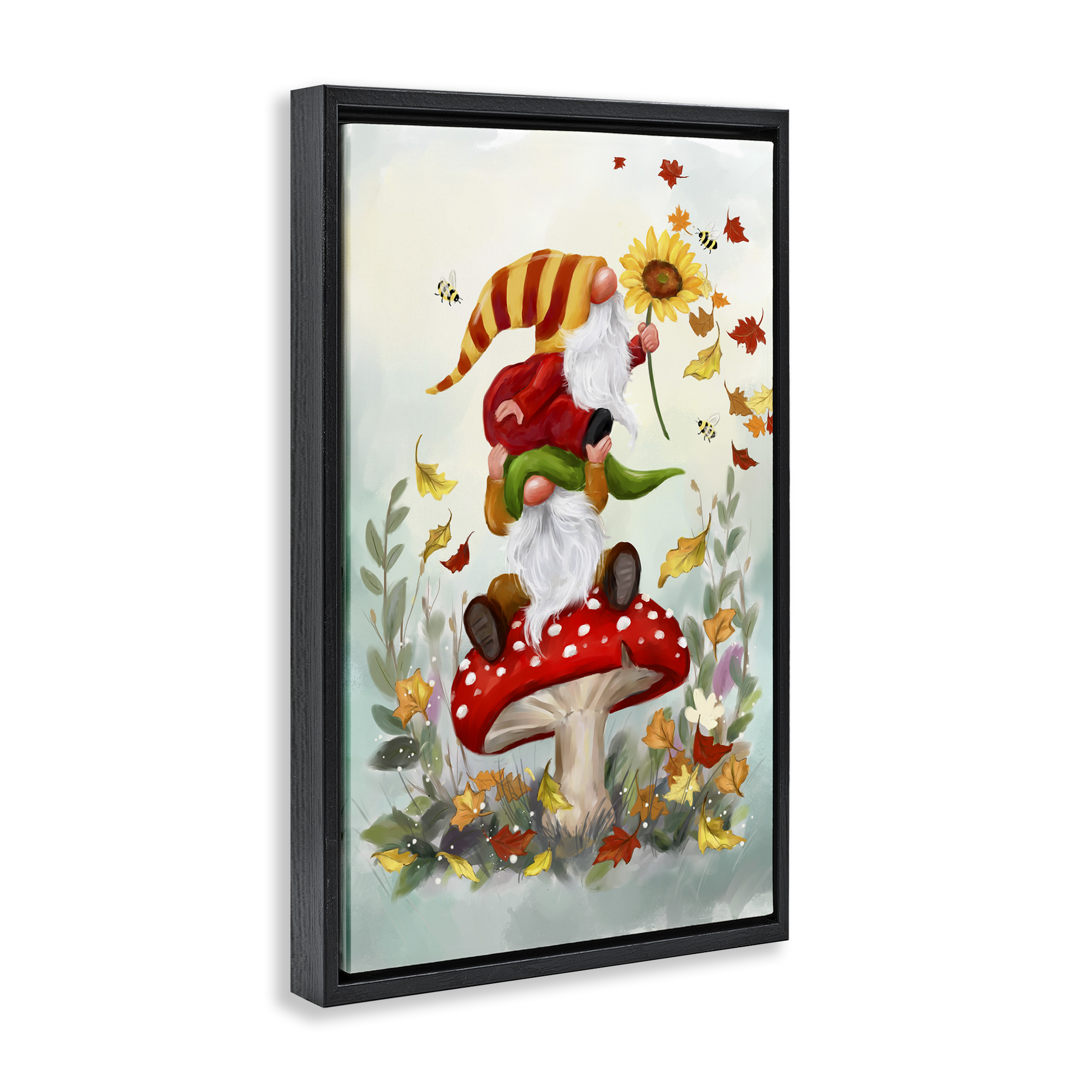Stupell Industries Autumn Garden Gnome Fairy Tales & Fantasy Painting Black Floater Framed Canvas Art Print Wall Art, 17 x 25