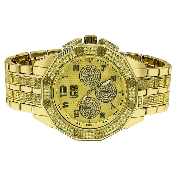 Canary Gold Tone Simulated Diamonds Iced Out Stainless Steel Back Mens Ice Master Jo Rodeo Bling Metal Band Watch