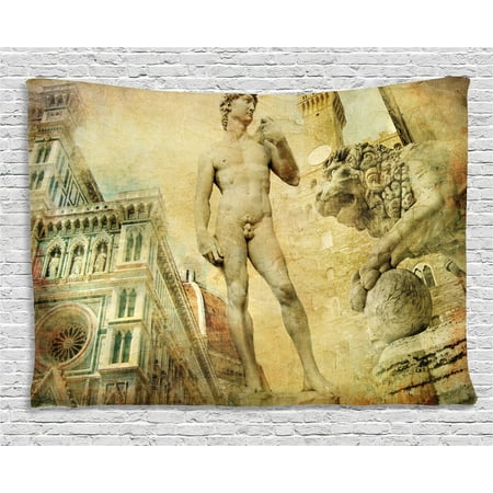 Italian Villa Tapestry - Italy Tapestry, Ancient Florence Art Collage Michelangelo David Renaissance, Wall Hanging for Bedroom Living Room Dorm Decor, 60W X 40L Inches, Pale Yellow Pale Orange Mint Green, by Ambesonne