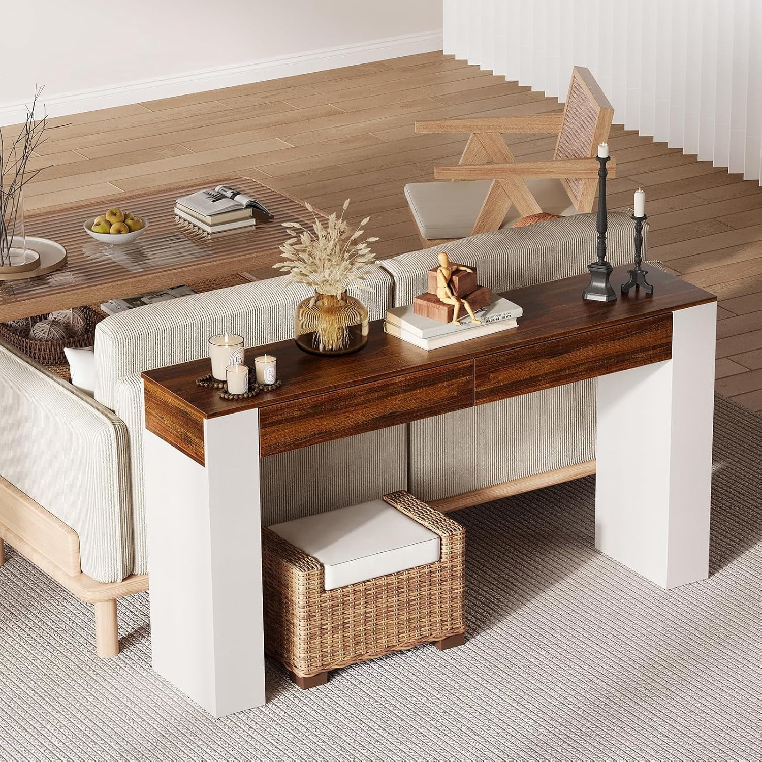 63 Inch Wood Entryway Table - 2 Drawers Slim Console Table Hallway Living Room Brown White