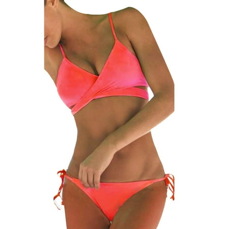 Rigardu tankini swimsuits for women Bikini Suit Up Women Bathing Push Padded Set Swimsuit Bandage Bra swim suits for women Watermelon red + M