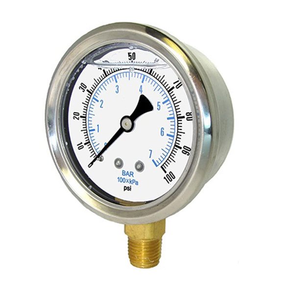 PIC Gauges 201L-204O Bottom Mount Glycerine Filled Pressure Gauge w/ SS Case, Brass Internals, SS Bezel, PC Lens, 2" Dial, 0/2000 psi Range, 1/4" Male NPT