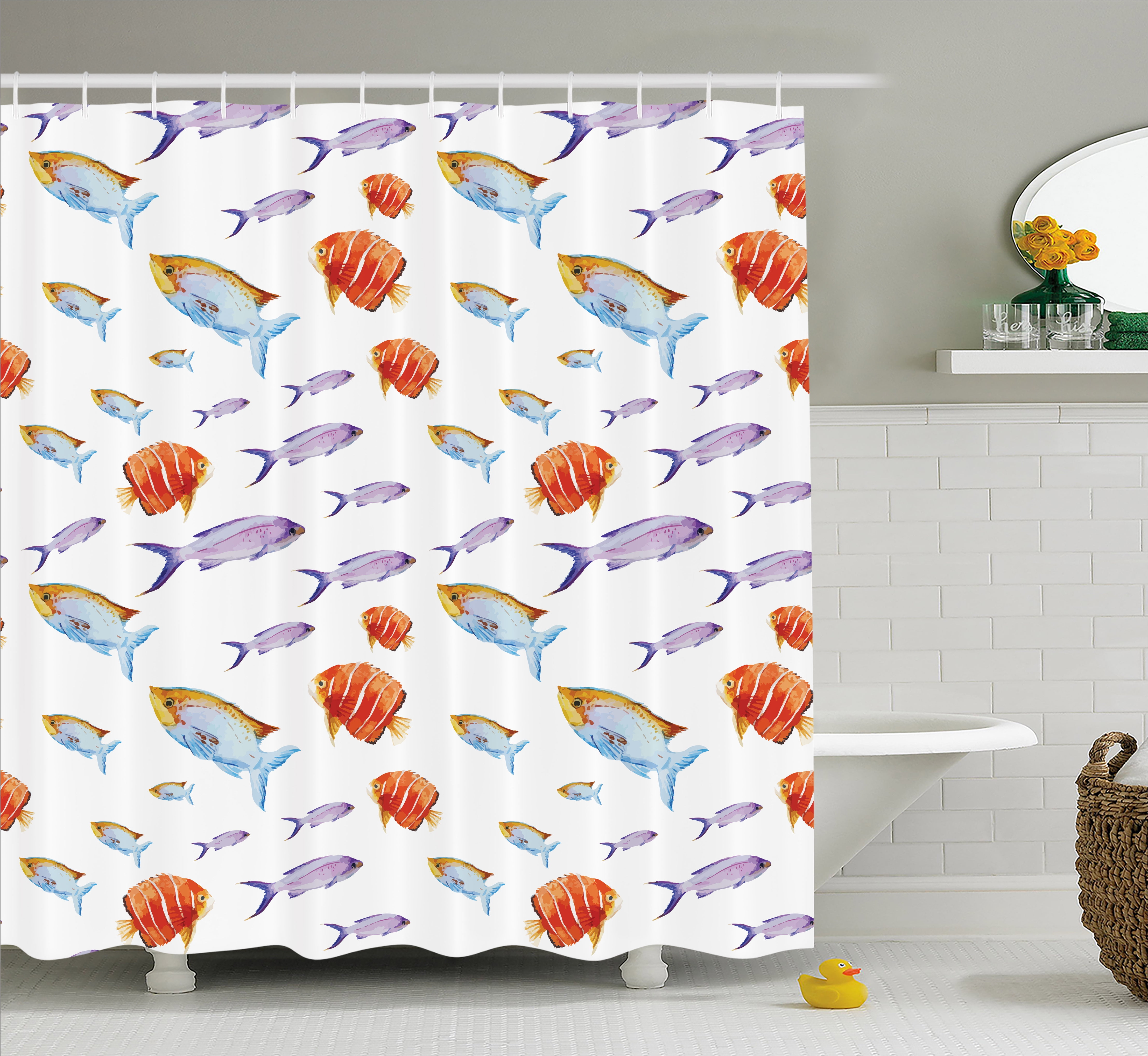 Fish Shower Curtain, Underwater Life Themed Art with Tropical Goldfish