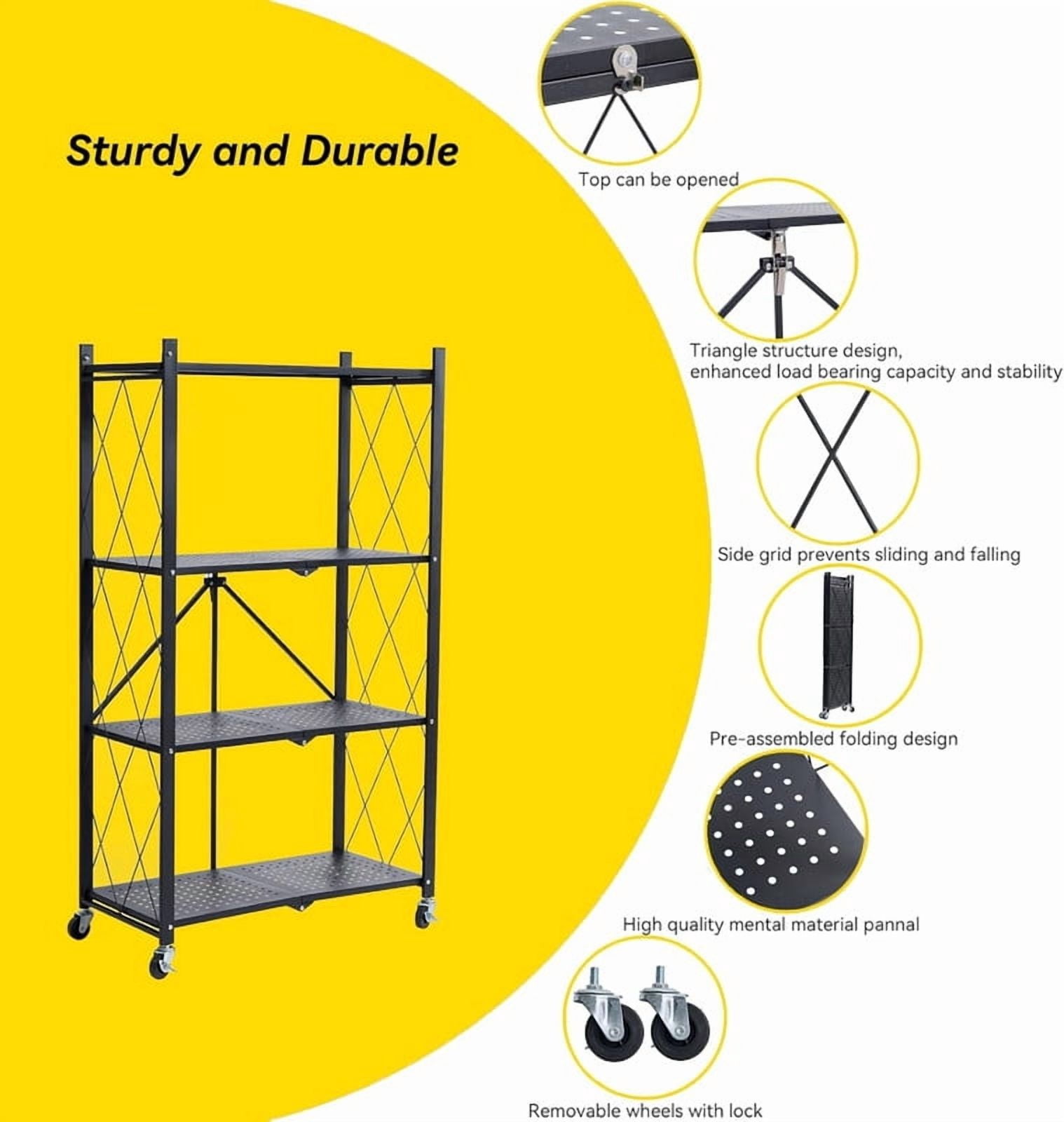 Foldable 4-Tier Heavy Duty Storage Rack with Wheels,Rolling Utility Cart for Kitchen, Garage, Living Room, Study, Basement