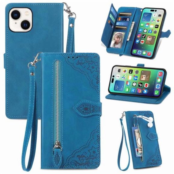Case for iPhone 14 ,Magnetic Leather Wallet Card Pocket Zipper Case Kickstand Cover with Wrist Strap for iPhone 14 6.1-inch,Blue,For iPhone 14