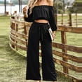 thumbnail image 4 of 2 Piece Outfits for Women Casual off Shoulder Long Sleeve Crop Tops Drawstring Wide Leg Pants Matching Lounge Sets, 4 of 8
