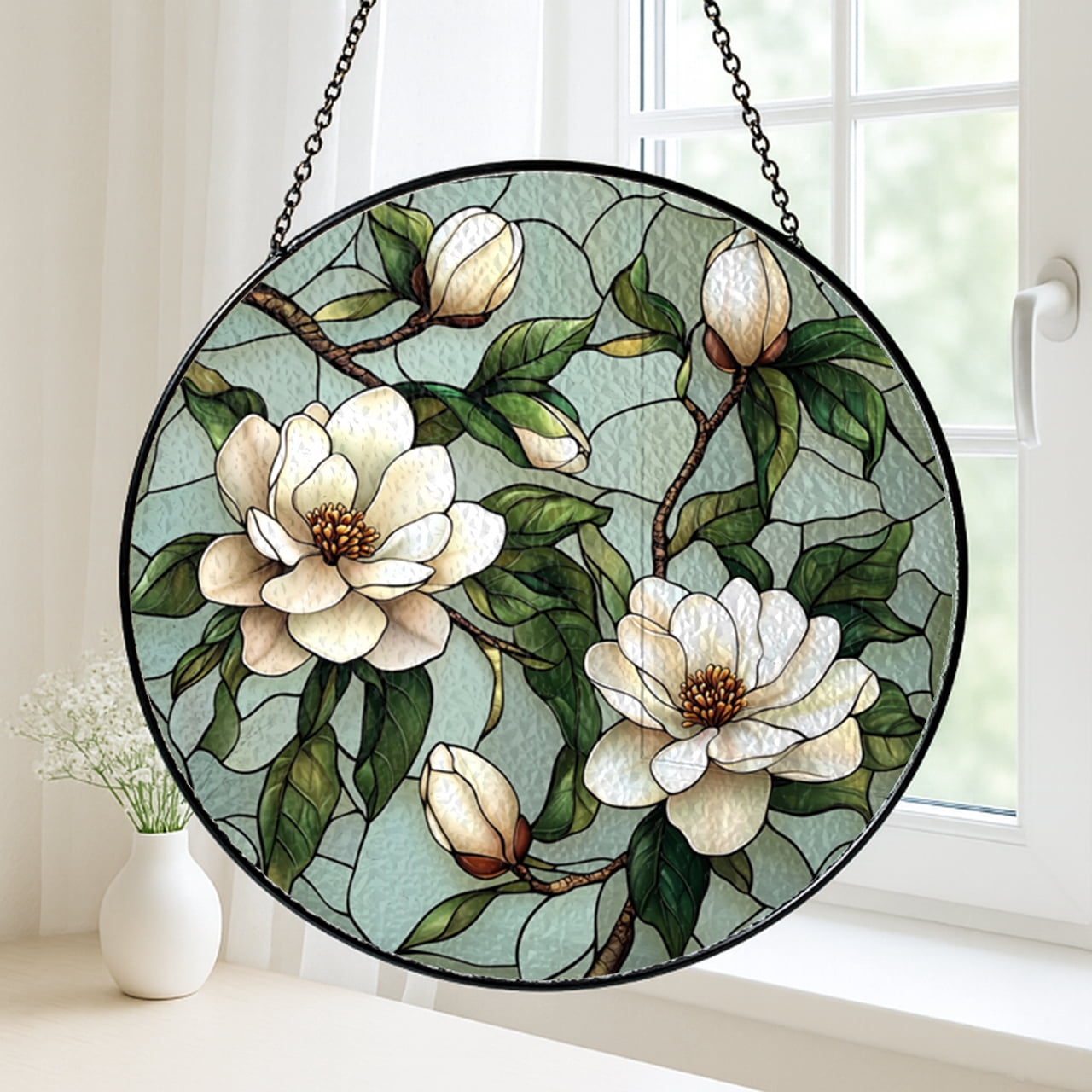 Faux Stained Glass Magnolia Acrylic Panel, Floral Window Hanging for Mother’s Day
