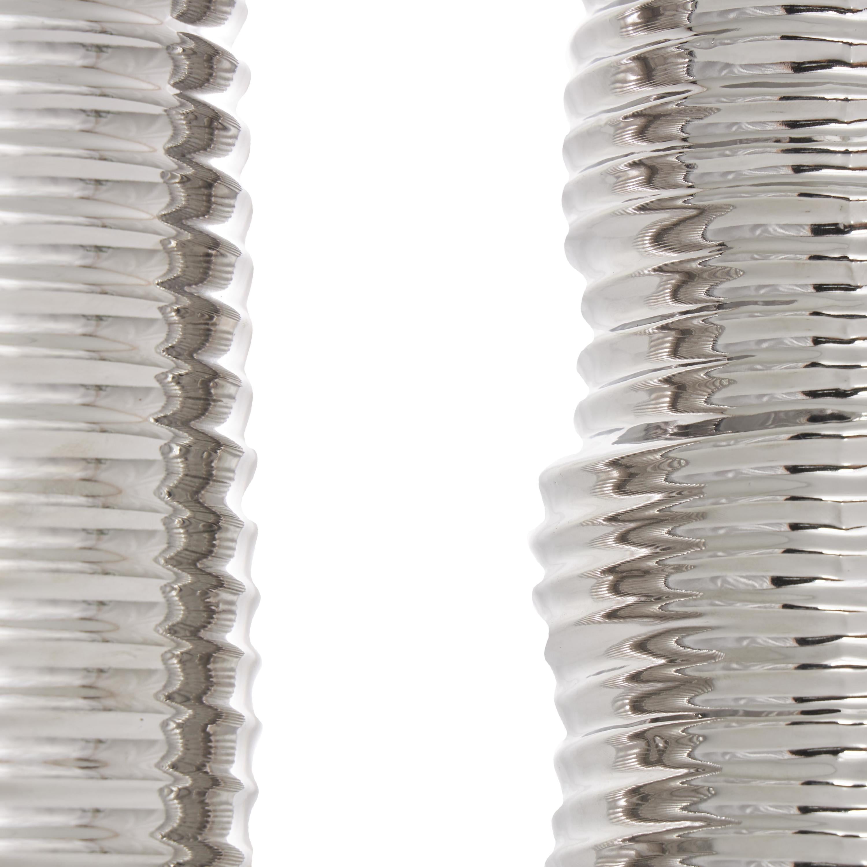 DecMode 4"W, 11"H Dimensional Ribbed Silver Ceramic Vase with Varying Shapes, Set of 3