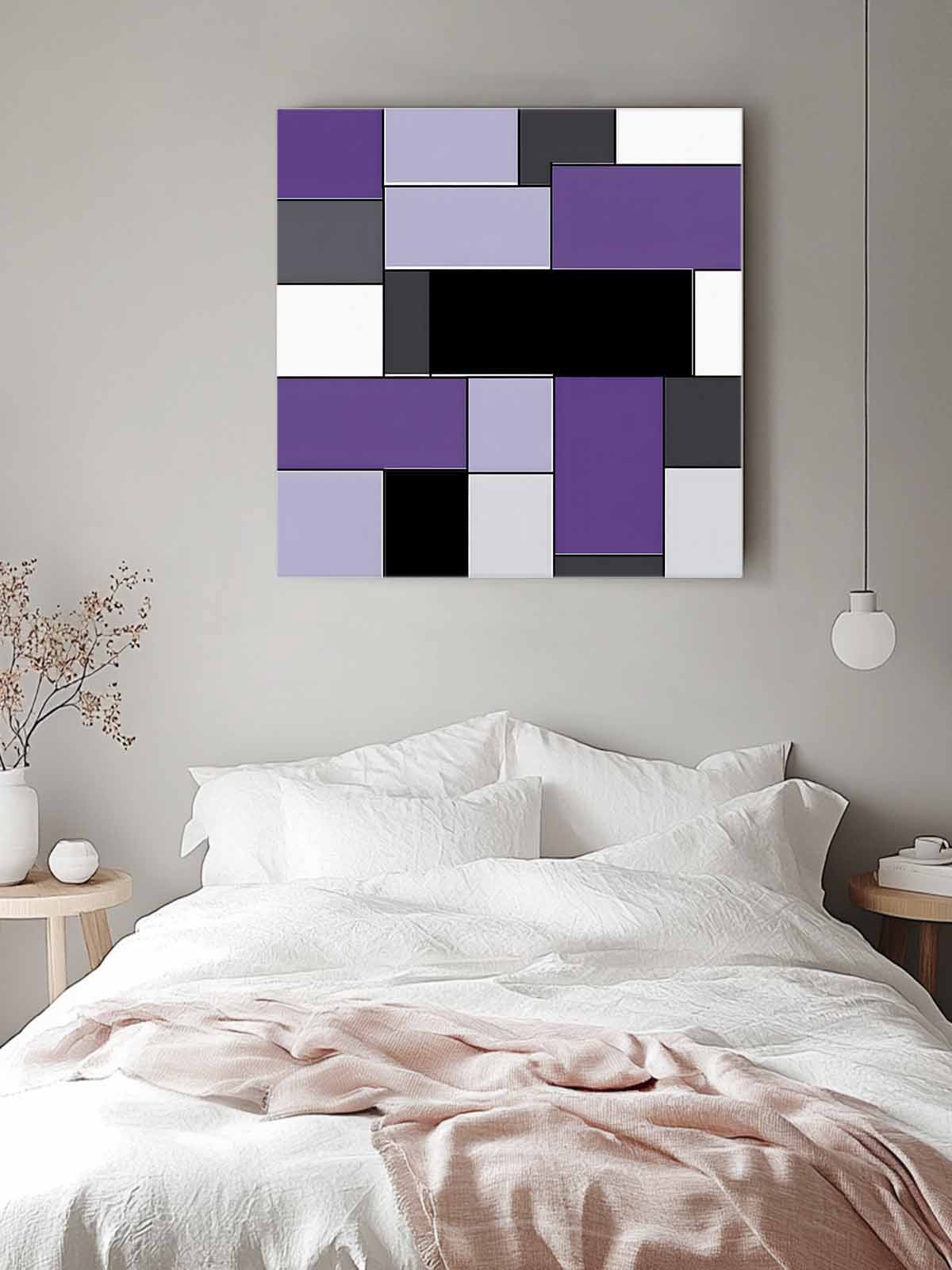 Purple Black Canvas Wall Art, Geometric Abstract Color Block Patchwork Framed Wall Decor Modern Artwork Prints Painting for Living Room, Bedroom, Kitchen & Cafe Decor 16x16 Inch