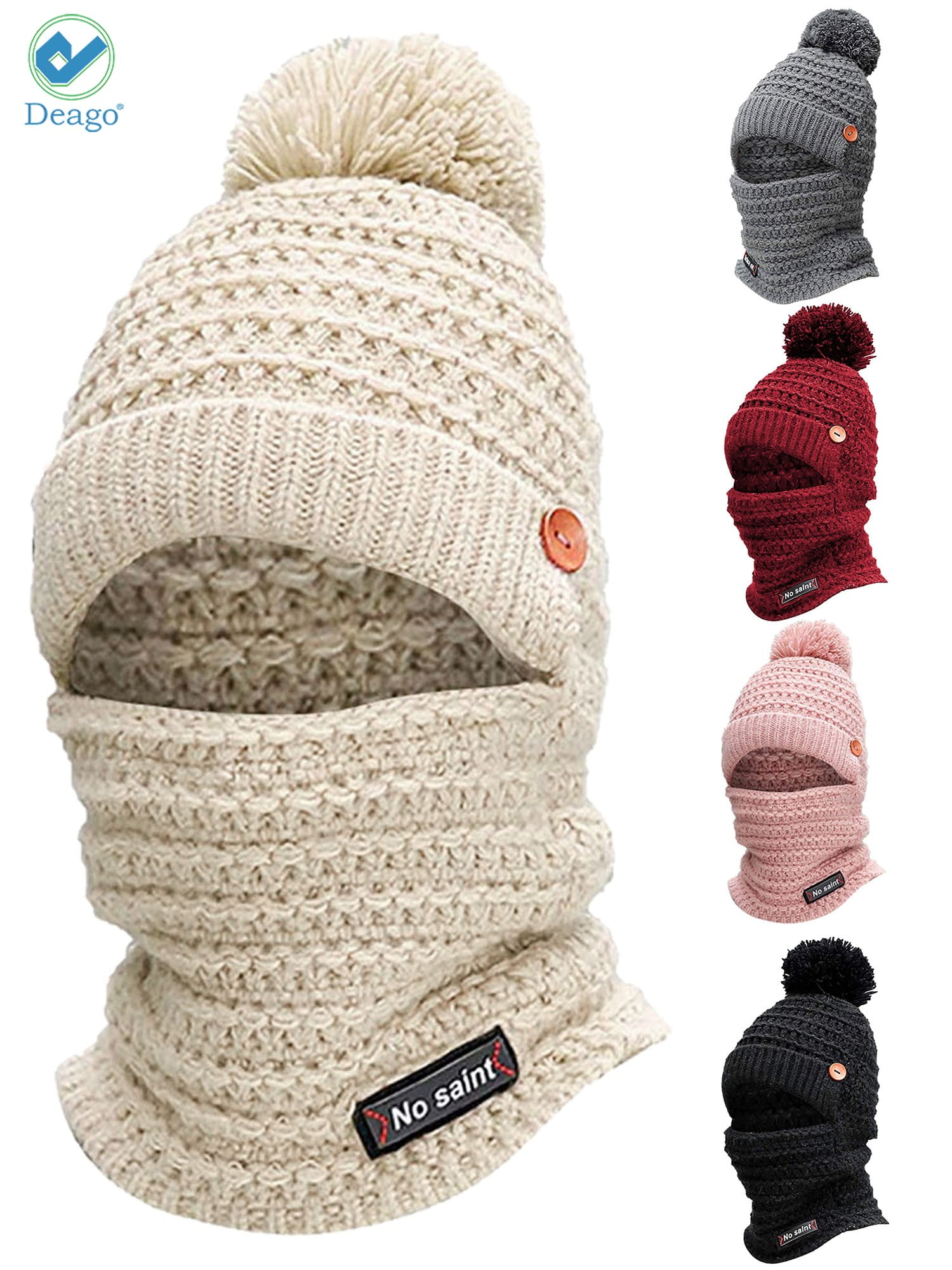 Winter Toddler Girls Hat Fleece Warm Beanie Scarf Balaclava Pom Pom Skiing Caps