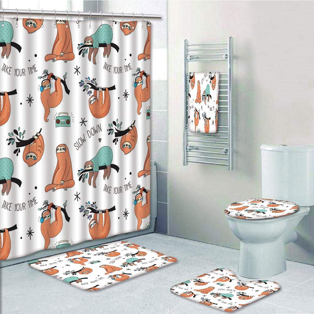 Details about   Sloth Wearing Flowers Shower Curtain Toilet Cover Rug Bath Mat Contour Rug Set 